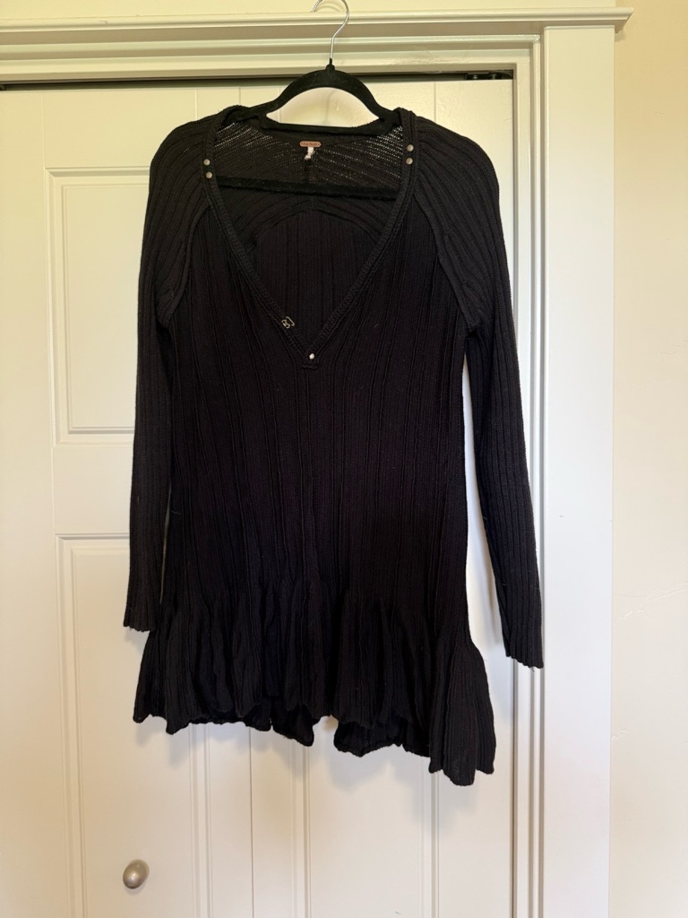 Free People Black Ribbed Tunic with V-Neck Detail